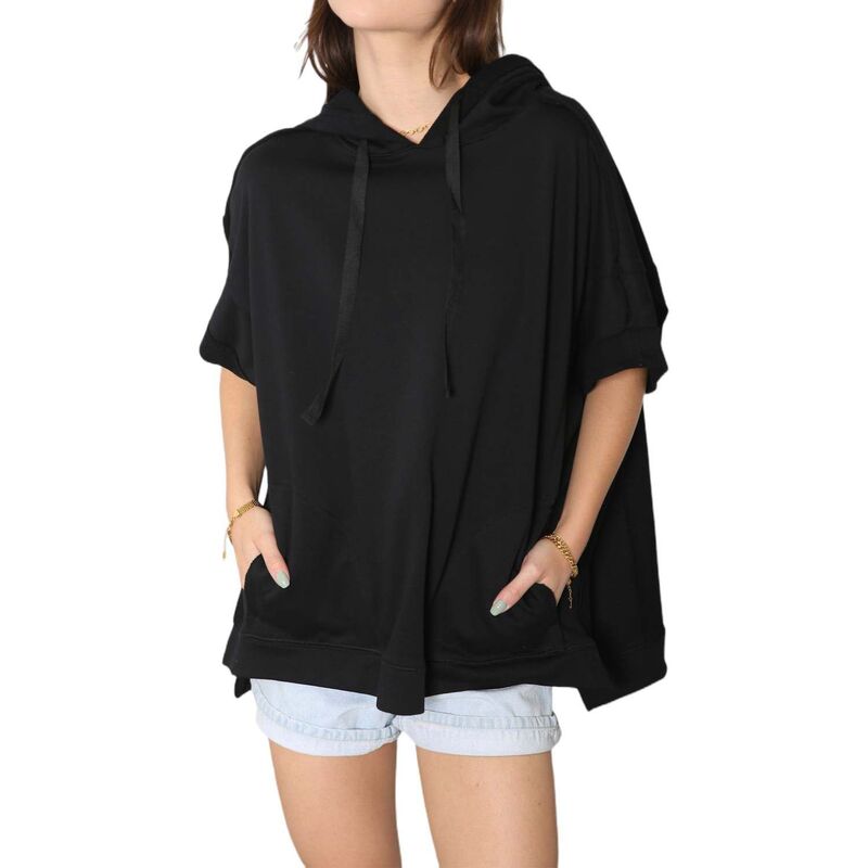 アンナカシ レディース トップス プルオーバー 半袖 パーカー Anna-Kaci Women\u0027s Boyfriend Short-sleeve Hoodie Black 黒いこと