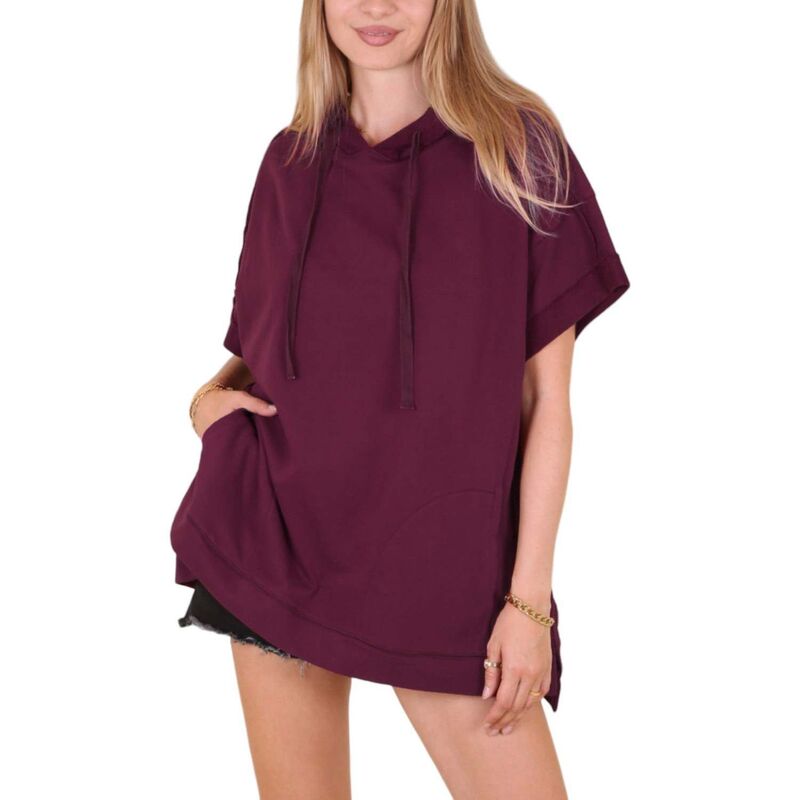 アンナカシ レディース トップス プルオーバー 半袖 パーカー Anna-Kaci Women\u0027s Boyfriend Short-sleeve Hoodie Burgundy バーガンディ