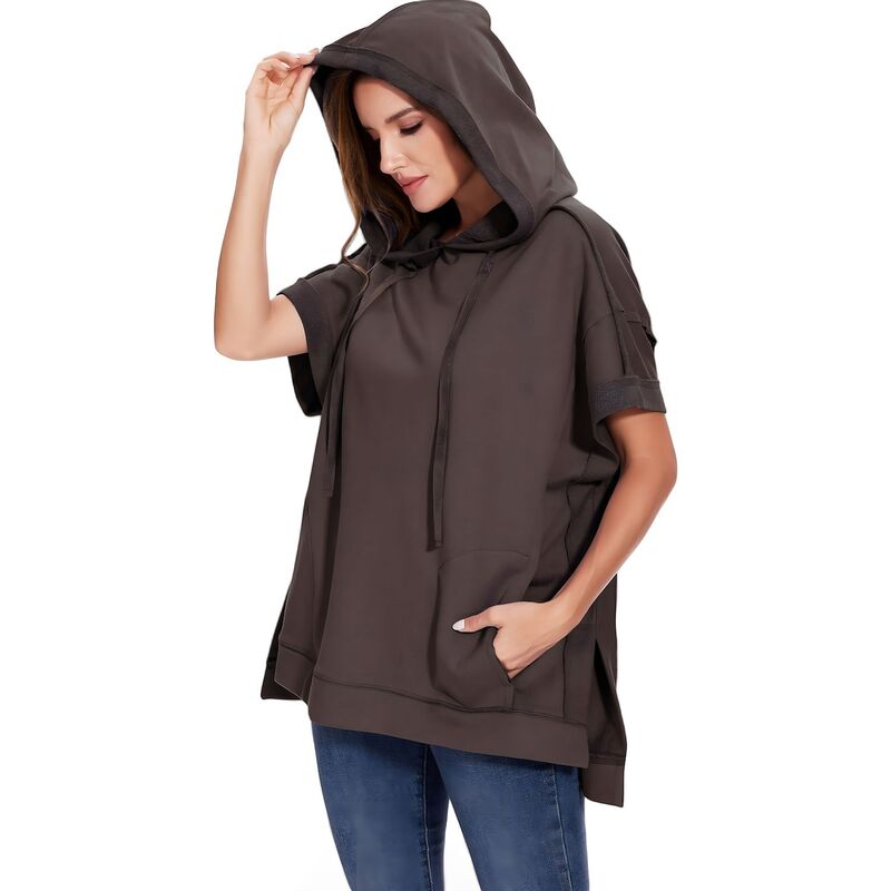 アンナカシ レディース トップス プルオーバー 半袖 パーカー Anna-Kaci Women\u0027s Boyfriend Short-sleeve Hoodie Coffee 珈琲
