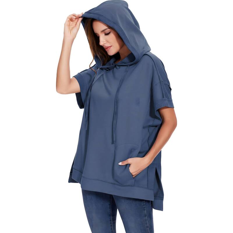 アンナカシ レディース トップス プルオーバー 半袖 パーカー Anna-Kaci Women\u0027s Boyfriend Short-sleeve Hoodie Dusty Blue 青み
