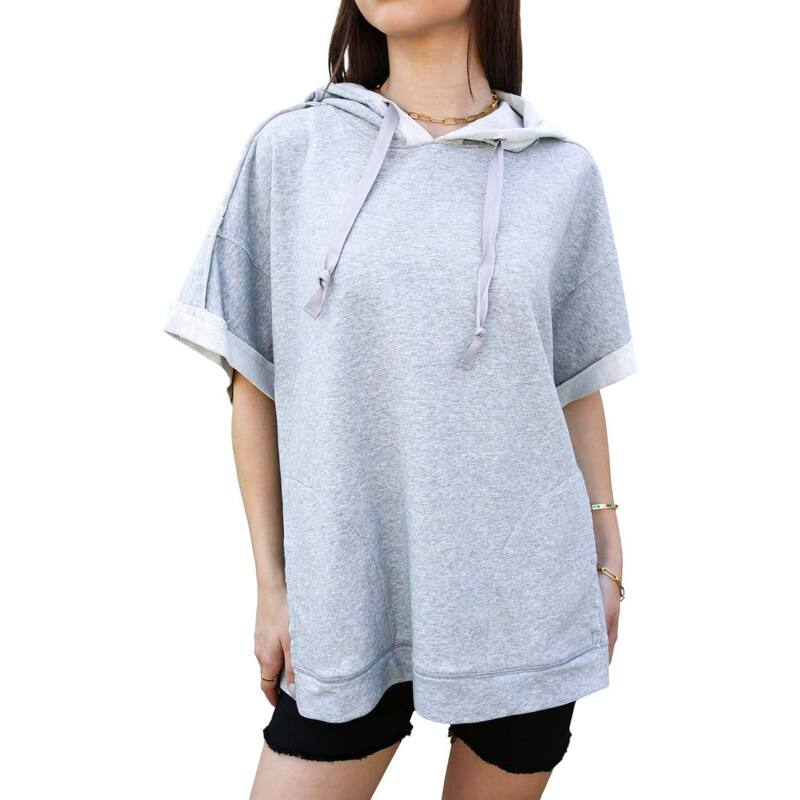 アンナカシ レディース トップス プルオーバー 半袖 パーカー Anna-Kaci Women\u0027s Boyfriend Short-sleeve Hoodie Gray 薄墨色