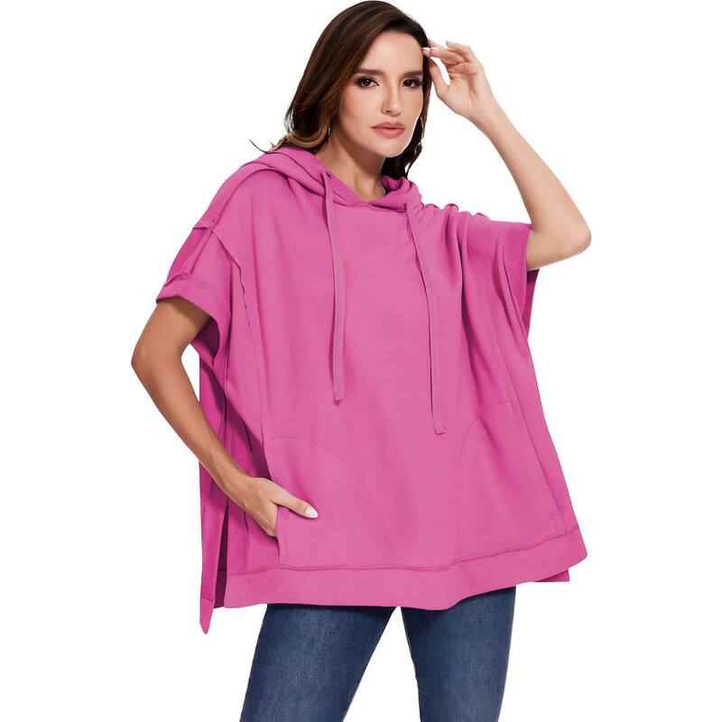 アンナカシ レディース トップス プルオーバー 半袖 パーカー Anna-Kaci Women\u0027s Boyfriend Short-sleeve Hoodie Hot Pink サクラ色