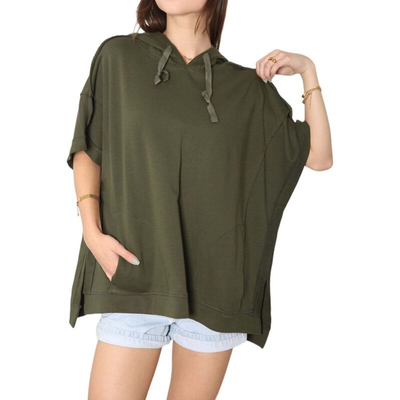 アンナカシ レディース トップス プルオーバー 半袖 パーカー Anna-Kaci Women\u0027s Boyfriend Short-sleeve Hoodie Olive オリーブ