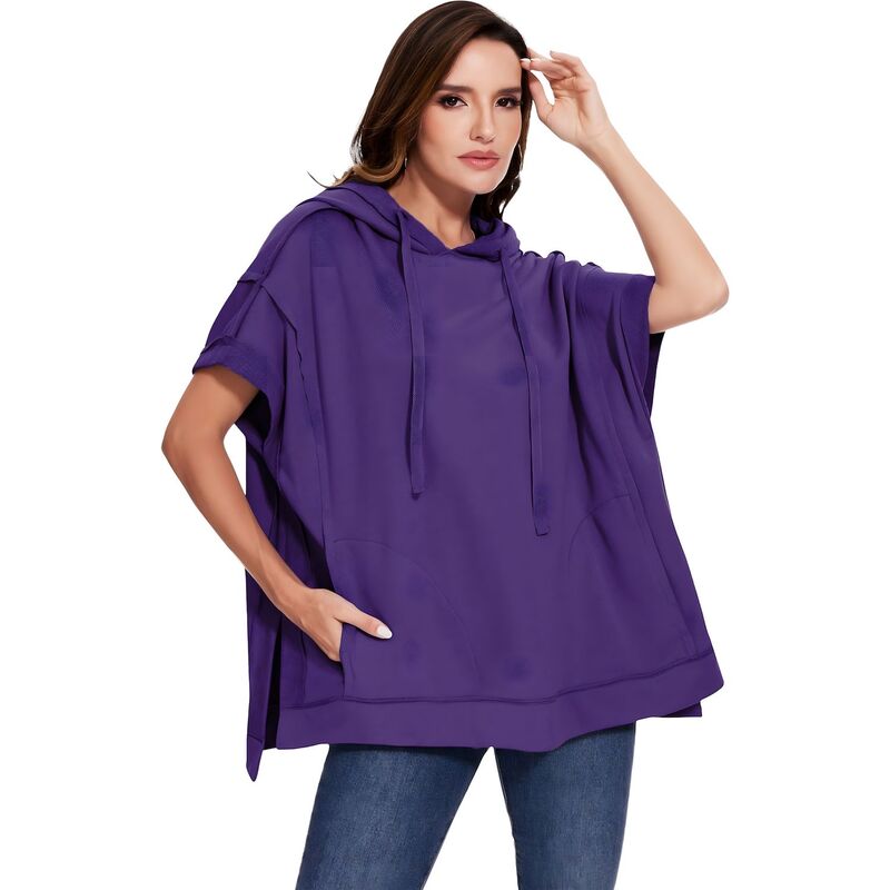アンナカシ レディース トップス プルオーバー 半袖 パーカー Anna-Kaci Women\u0027s Boyfriend Short-sleeve Hoodie Purple パープル