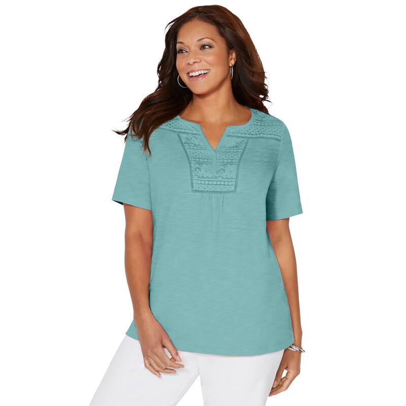 キャサリンズ レディース トップス プルオーバー つけ加える大きさ スピード競技 Catherines Women\u0027s Plusize Touch Of Lace Tee Aqua Sea アクア