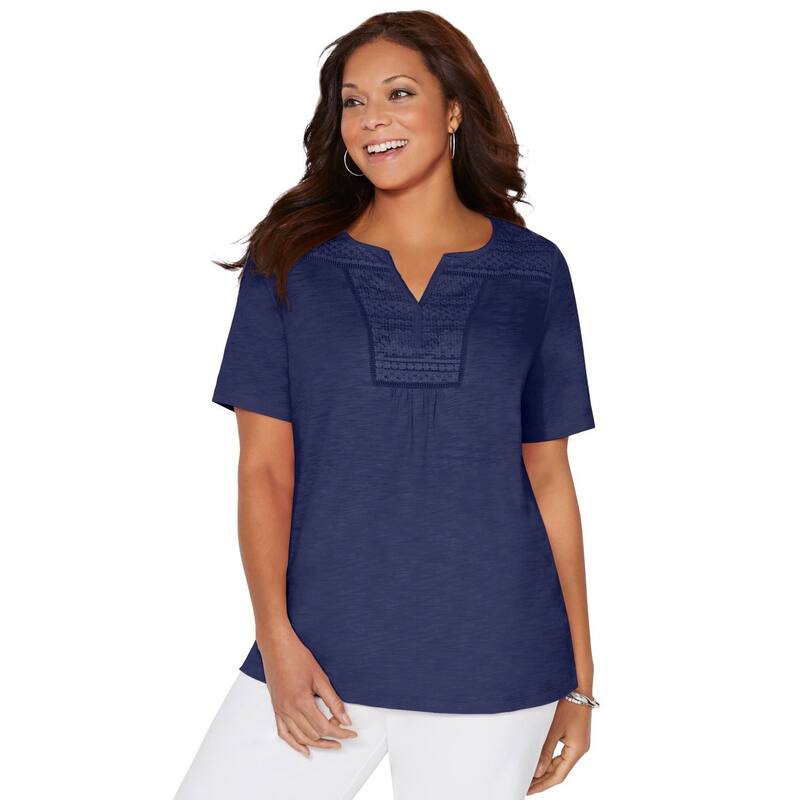 キャサリンズ レディース トップス プルオーバー つけ加える大きさ スピード競技 Catherines Women\u0027s Plusize Touch Of Lace Tee Navy 米国海軍