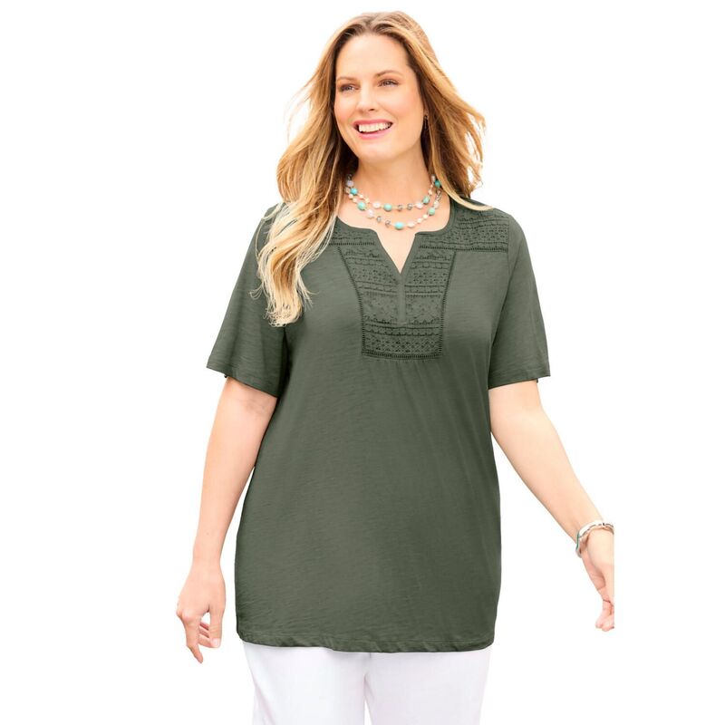 キャサリンズ レディース トップス プルオーバー つけ加える大きさ スピード競技 Catherines Women\u0027s Plusize Touch Of Lace Tee Olive Green 緑であること