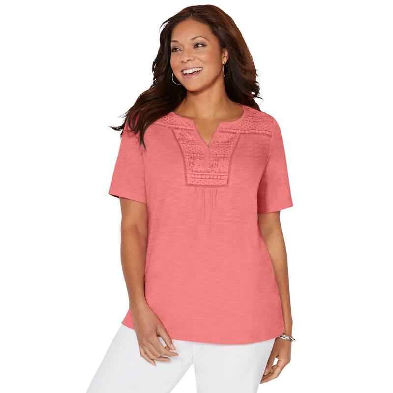 キャサリンズ レディース トップス プルオーバー つけ加える大きさ スピード競技 Catherines Women\u0027s Plusize Touch Of Lace Tee Sweet Coral コーラル