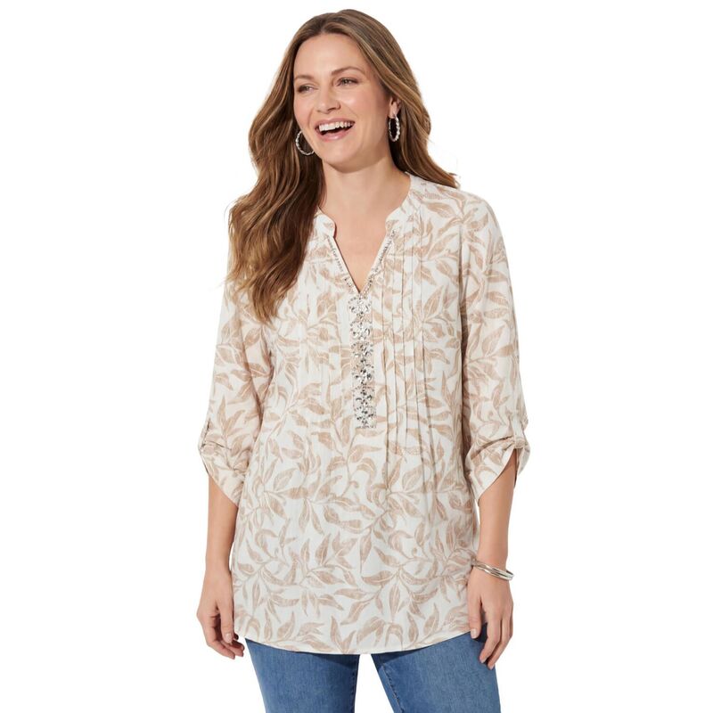 キャサリンズ レディース トップス プルオーバー つけ加える大きさ 筋目 リネン Catherines Women\u0027s Plusize Pleated Linen Tunic Sand Textured Vines 真砂