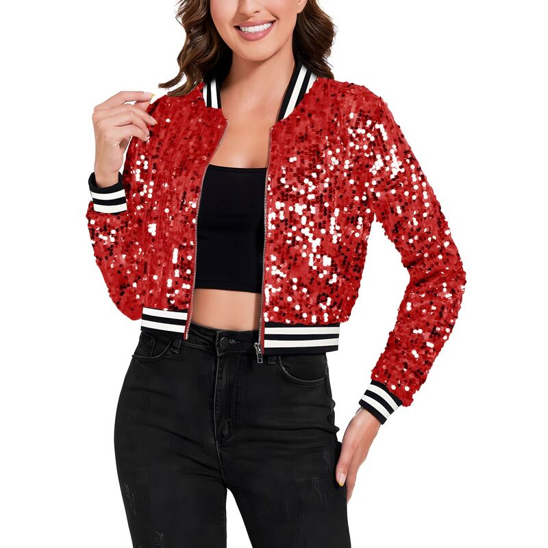 アンナカシ レディース アウター 上衣・上衣 肋材 スパンコール Anna-Kaci Women\u0027sequin Bomber Jacket with Striped Ribbed Trim and Zip Front Red 赤いこと
