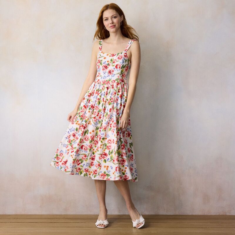 LC Lauren Conrad レディース トップス ワンピース ミディ Women's LC Lauren Conrad Seamed Bodice Scoopneck Midi Dress Ivory Amalfi Garden アイボリー｜ReVida 店 10,786円