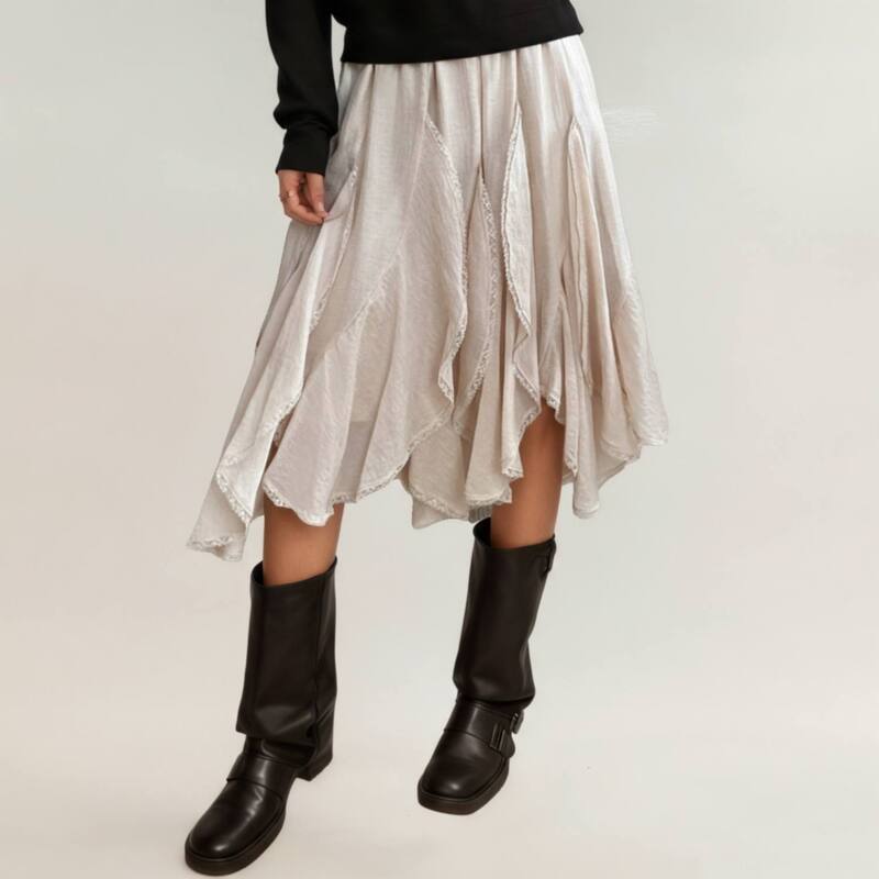 アンナカシ レディース ボトムスカート ドレープ ミディ Anna-Kaci Women ’ s Layered Handkerchief Hemidi Skirt with Soft Flowing Panels and Texturedrapedesign Beige ベージュ|ReVida 店