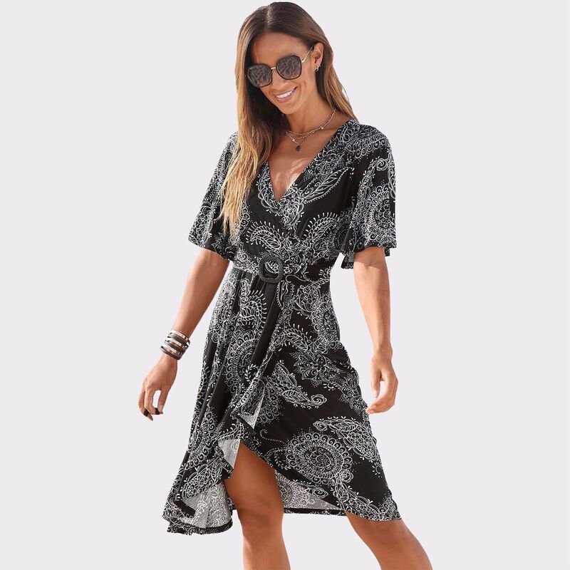 ラスカーナ レディース トップス ワンピース アシンメトリー Lascana Women's Belted Asymmetrical Dress Black Printed ブラック|ReVida 店