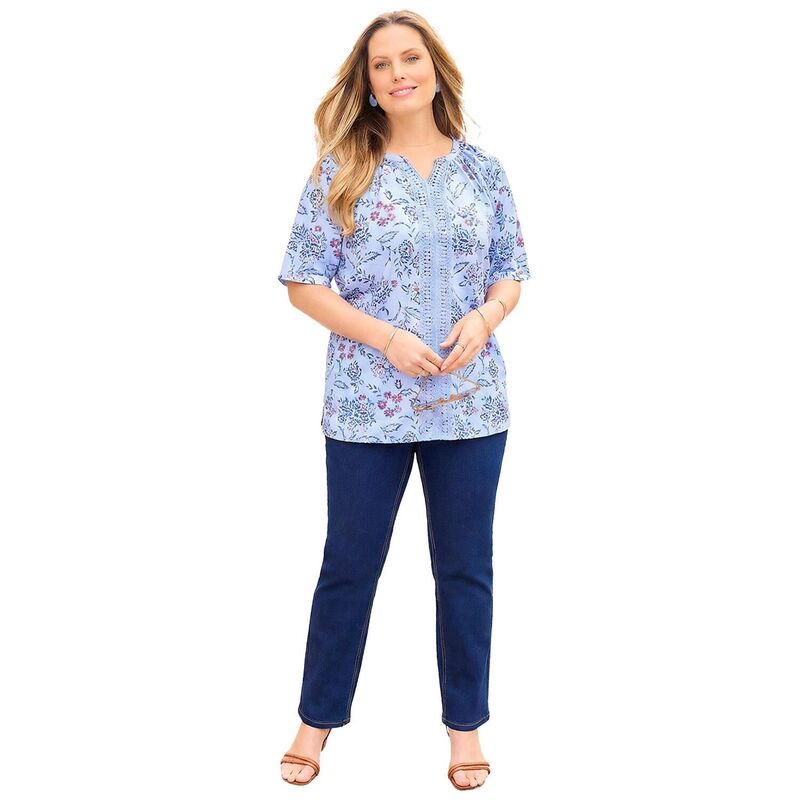 キャサリンズ レディース トップス プルオーバー つけ加える大きさ 編み物 Catherines Women\u0027s Plusize Knit Gauze Peasantop Bluetched Floral 青み