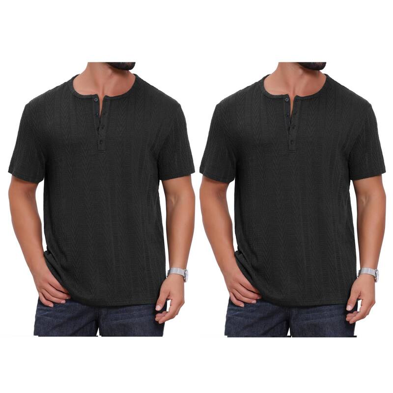 インスパイア 今めかしい レディース トップス プルオーバー 名取り草落ち込む 編み物 INSPIRE CHIC 2 Packs Men\u0027s Henley Shirt Short Sleeve Button Down Jacquard Texture Knitted T-Shirts Black 黒いこと