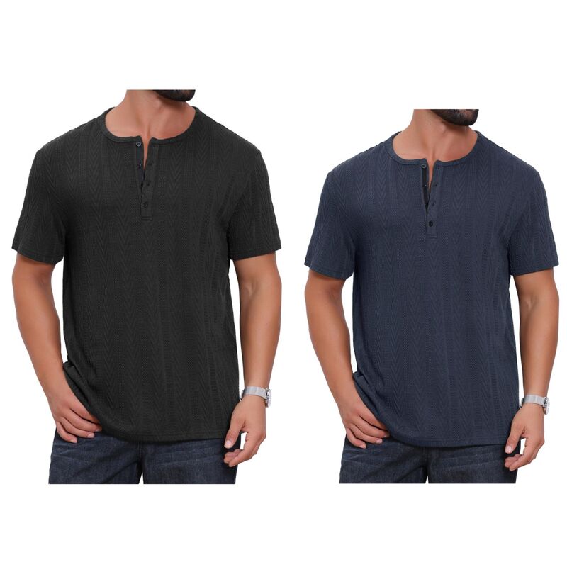 インスパイア 今めかしい レディース トップス プルオーバー 名取り草落ち込む 編み物 INSPIRE CHIC 2 Packs Men\u0027s Henley Shirt Short Sleeve Button Down Jacquard Texture Knitted T-Shirts Black Dark Blue 黒いこと
