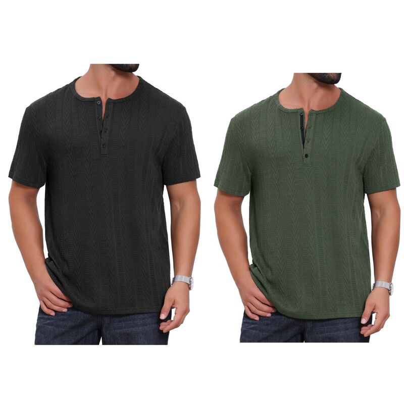 インスパイア 今めかしい レディース トップス プルオーバー 名取り草落ち込む 編み物 INSPIRE CHIC 2 Packs Men\u0027s Henley Shirt Short Sleeve Button Down Jacquard Texture Knitted T-Shirts Black Green 黒いこと