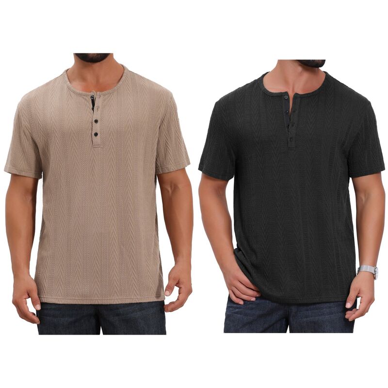 インスパイア 今めかしい レディース トップス プルオーバー 名取り草落ち込む 編み物 INSPIRE CHIC 2 Packs Men\u0027s Henley Shirt Short Sleeve Button Down Jacquard Texture Knitted T-Shirts Blackhaki 黒いこと