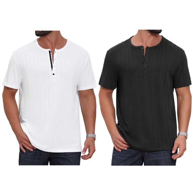 インスパイア 今めかしい レディース トップス プルオーバー 名取り草落ち込む 編み物 INSPIRE CHIC 2 Packs Men\u0027s Henley Shirt Short Sleeve Button Down Jacquard Texture Knitted T-Shirts Black White 白いこと