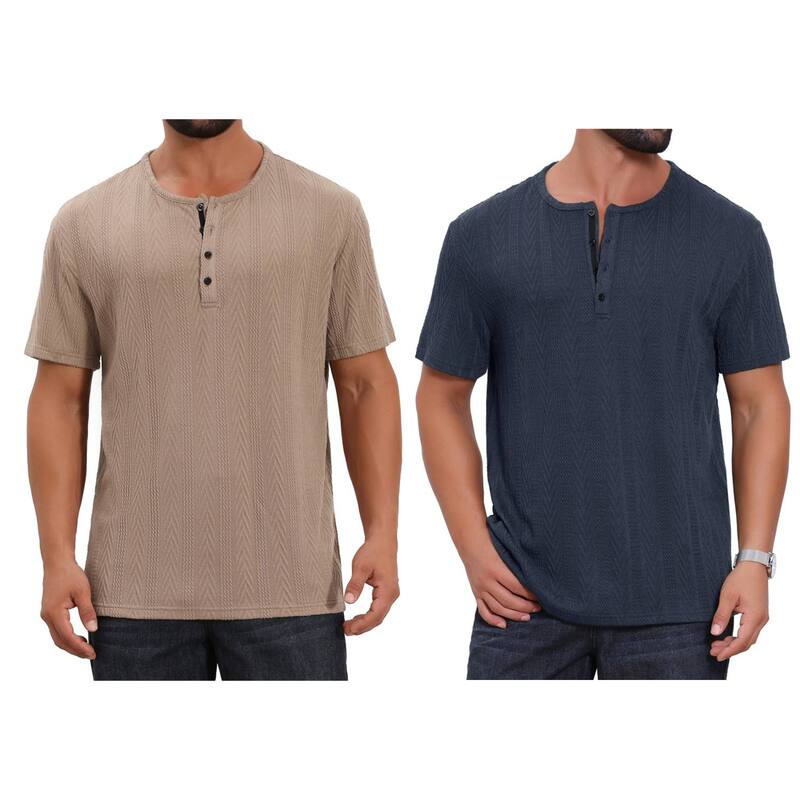 インスパイア 今めかしい レディース トップス プルオーバー 名取り草落ち込む 編み物 INSPIRE CHIC 2 Packs Men\u0027s Henley Shirt Short Sleeve Button Down Jacquard Texture Knitted T-Shirts Dark Blue Khaki 青み