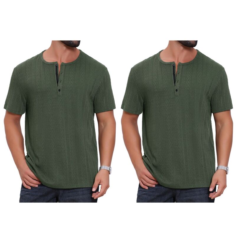インスパイア 今めかしい レディース トップス プルオーバー 名取り草落ち込む 編み物 INSPIRE CHIC 2 Packs Men\u0027s Henley Shirt Short Sleeve Button Down Jacquard Texture Knitted T-Shirts Green 緑であること