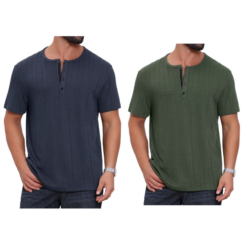インスパイア 今めかしい レディース トップス プルオーバー 名取り草落ち込む 編み物 INSPIRE CHIC 2 Packs Men\u0027s Henley Shirt Short Sleeve Button Down Jacquard Texture Knitted T-Shirts Green Dark Blue 青み