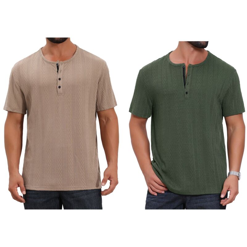 インスパイア 今めかしい レディース トップス プルオーバー 名取り草落ち込む 編み物 INSPIRE CHIC 2 Packs Men\u0027s Henley Shirt Short Sleeve Button Down Jacquard Texture Knitted T-Shirts Green Khaki 緑であること