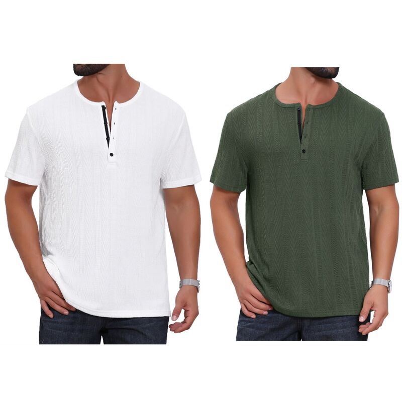 インスパイア 今めかしい レディース トップス プルオーバー 名取り草落ち込む 編み物 INSPIRE CHIC 2 Packs Men\u0027s Henley Shirt Short Sleeve Button Down Jacquard Texture Knitted T-Shirts Green White 白いこと