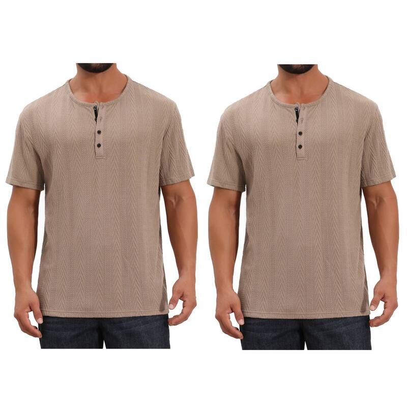 インスパイア 今めかしい レディース トップス プルオーバー 名取り草落ち込む 編み物 INSPIRE CHIC 2 Packs Men\u0027s Henley Shirt Short Sleeve Button Down Jacquard Texture Knitted T-Shirts Khaki カーキ