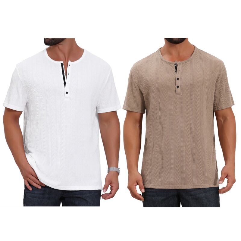 インスパイア 今めかしい レディース トップス プルオーバー 名取り草落ち込む 編み物 INSPIRE CHIC 2 Packs Men\u0027s Henley Shirt Short Sleeve Button Down Jacquard Texture Knitted T-Shirts Khaki White 白いこと