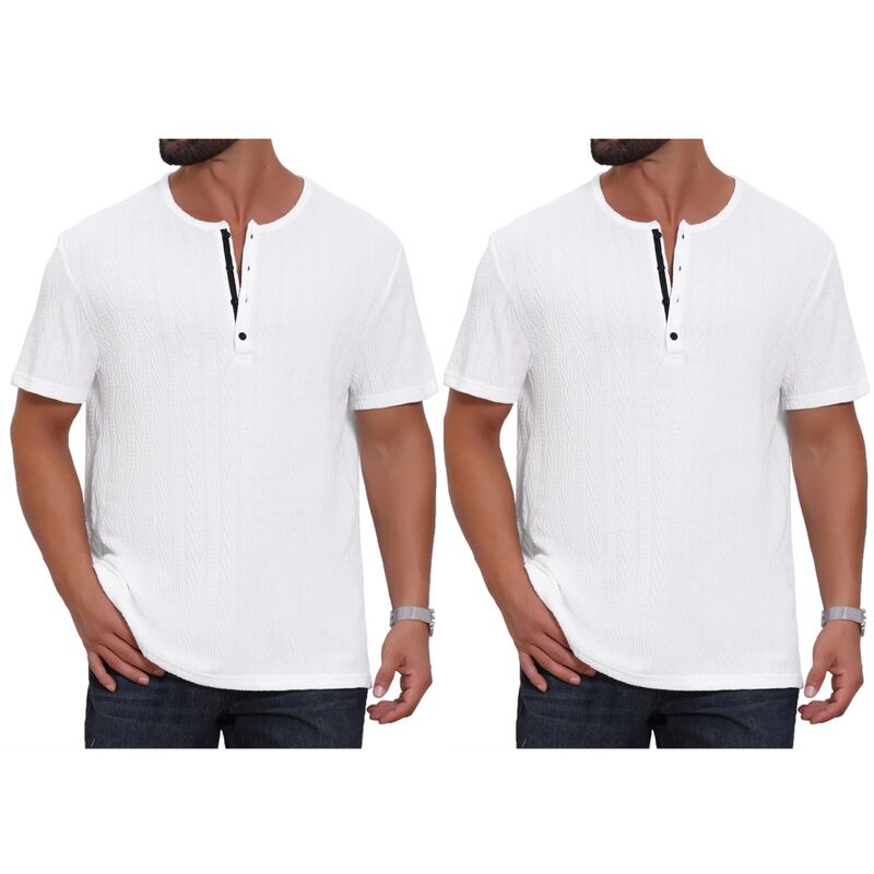 インスパイア 今めかしい レディース トップス プルオーバー 名取り草落ち込む 編み物 INSPIRE CHIC 2 Packs Men\u0027s Henley Shirt Short Sleeve Button Down Jacquard Texture Knitted T-Shirts White 白いこと