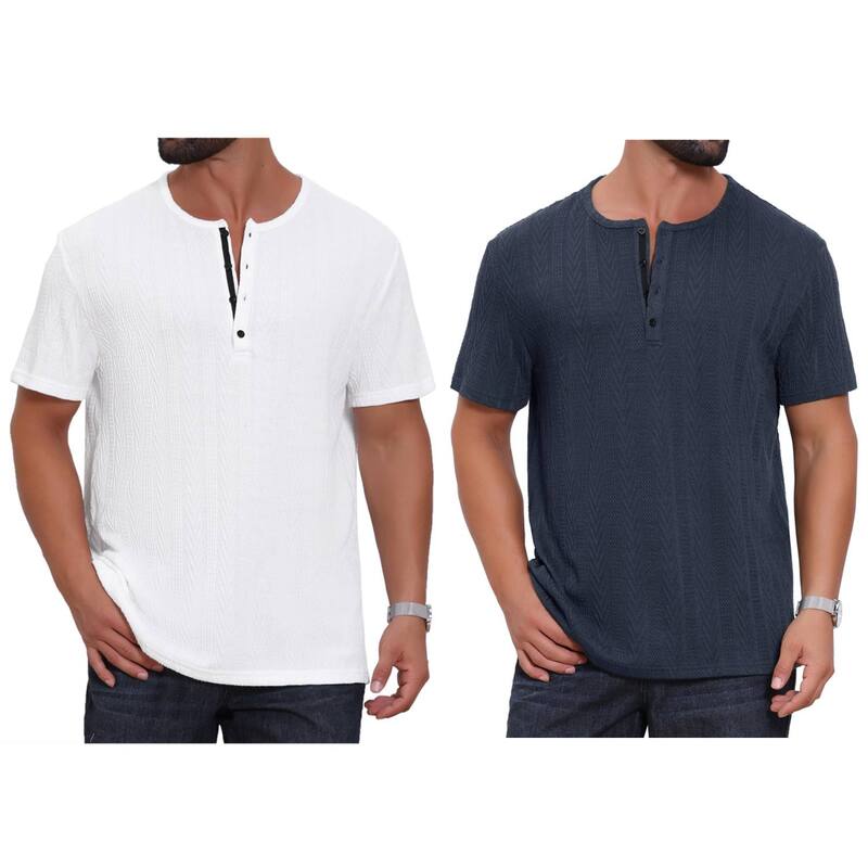 インスパイア 今めかしい レディース トップス プルオーバー 名取り草落ち込む 編み物 INSPIRE CHIC 2 Packs Men\u0027s Henley Shirt Short Sleeve Button Down Jacquard Texture Knitted T-Shirts White Dark Blue 白いこと