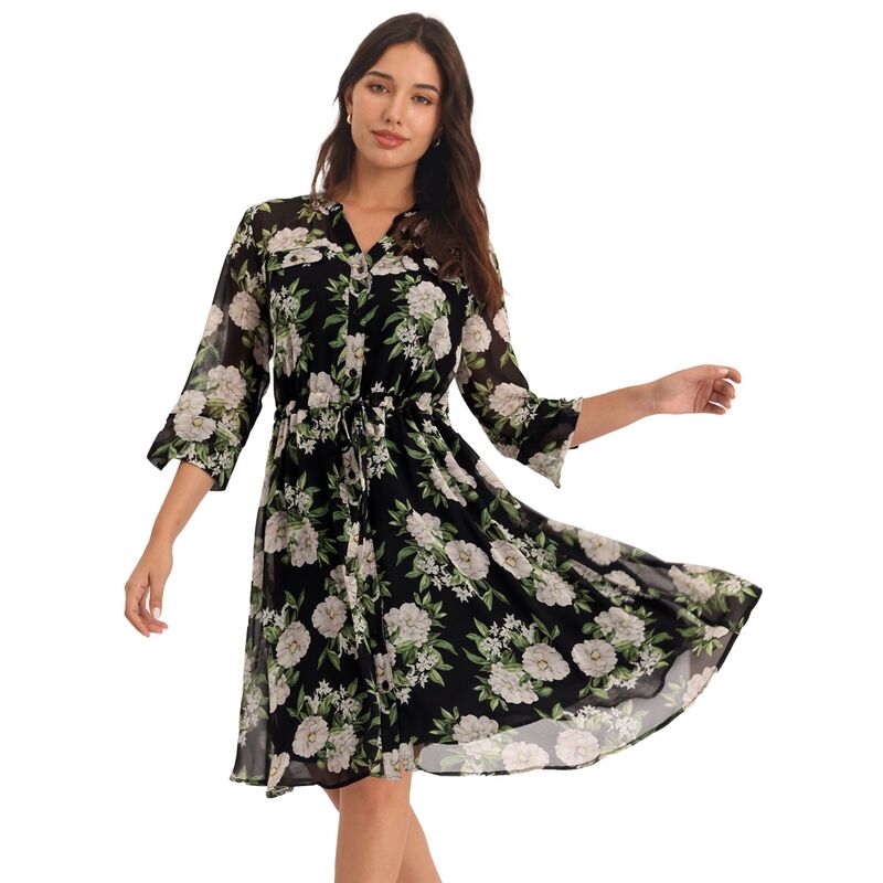 ホンベティ レディース トップス ワンピース シフォン ボタンダウン フラワー柄 ダウン フラワー Hombety Women's Floral Chiffon Dress Half Sleeve Tie Waist Button Down Flare Dresses Black ブラック｜ReVida 店