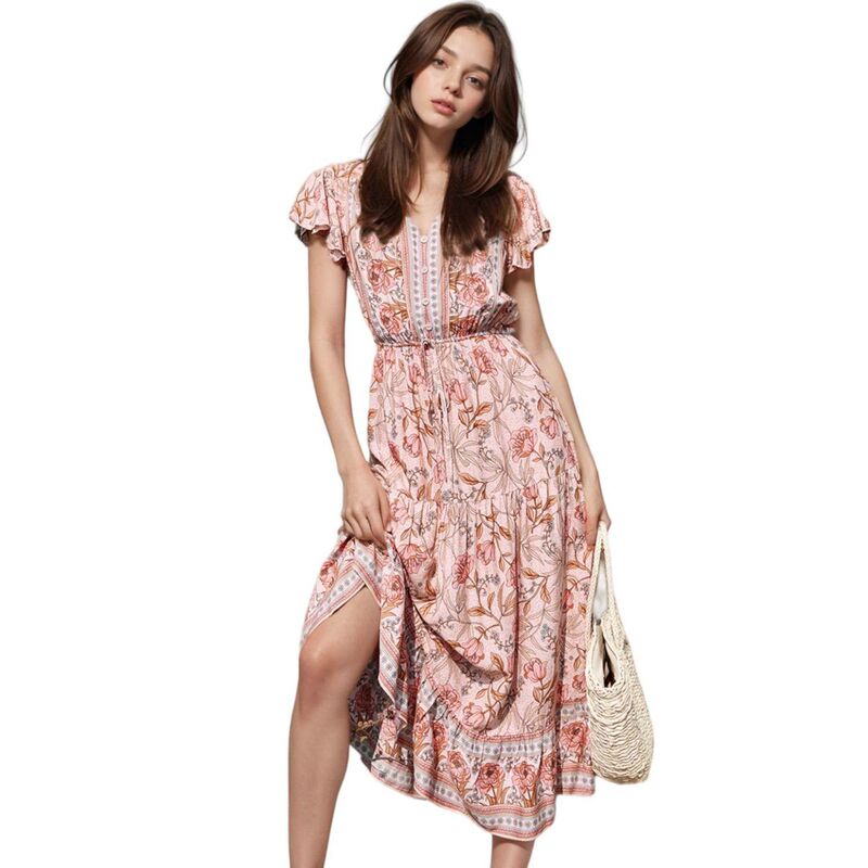 アンナカシ レディース トップス ワンピース フラワー柄 プリント フラワー Anna-Kaci Women\'s Floral Print Butterfly Sleeve Dress Pink ピンク|ReVida 店