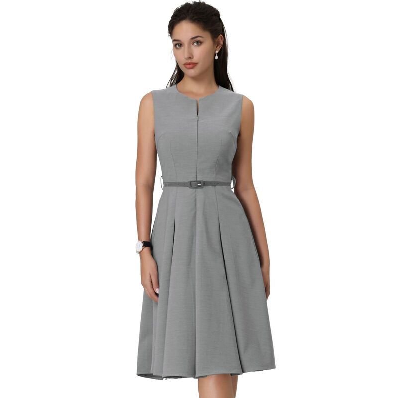 ホンベティ レディース トップス ワンピース ノースリーブ Hombety Women'sleeveless Dress Zip Up Belted Fit & Flare Work Dresses Gray グレー|ReVida 店