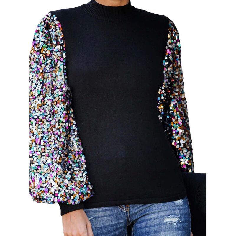 アンナカシ レディース トップス Tシャツ モックネック スパンコール Anna-Kaci Women'sequin Puffed Long Sleeve Mock Neck Pullover Black ブラック|ReVida 店
