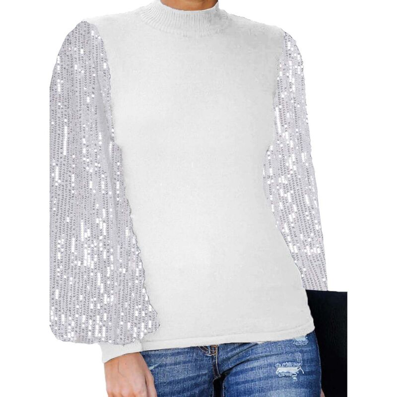 アンナカシ レディース トップス Tシャツ モックネック スパンコール Anna-Kaci Women'sequin Puffed Long Sleeve Mock Neck Pullover White ホワイト｜ReVida 店 13,286円