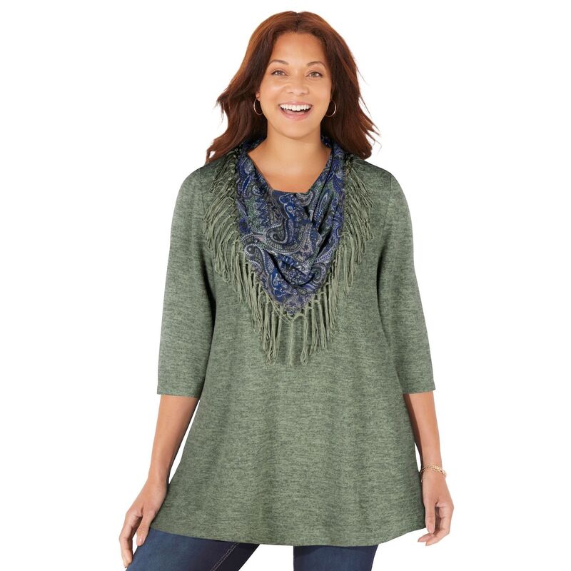 キャサリンズ レディース トップス プルオーバー つけ加える大きさ Catherines Women\u0027s Plusize Impossibly Softunic \u0026 Scarf Duet Sage サルヴィア
