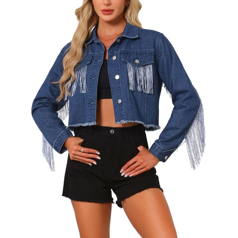 インスパイア 今めかしい レディース アウター 上衣・上衣 クロップド ジーンズ フリンジ INSPIRE CHIC Women\u0027s Cropped Jean Jackets Fringe Long Sleeve Frayed Hem Tassel Trim Denim Jacket Dark Blue 青色
