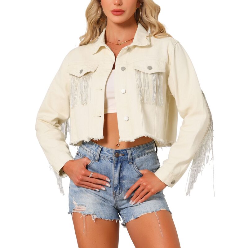 インスパイア 今めかしい レディース アウター 上衣・上衣 クロップド ジーンズ フリンジ INSPIRE CHIC Women\u0027s Cropped Jean Jackets Fringe Long Sleeve Frayed Hem Tassel Trim Denim Jacket Oyster ジーンズ
