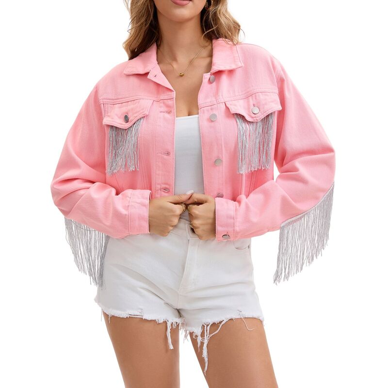 インスパイア 今めかしい レディース アウター 上衣・上衣 クロップド ジーンズ フリンジ INSPIRE CHIC Women\u0027s Cropped Jean Jackets Fringe Long Sleeve Frayed Hem Tassel Trim Denim Jacket Pink サクラ色