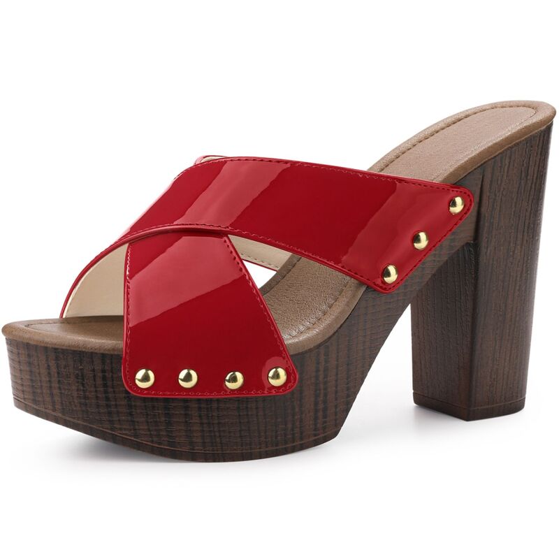 ブリスフルステップ レディース シューズ サンダル プラットホーム 踵 BLISSFUL STEPlatform Crisscrosstrap Chunky Heels Black Sandals for Women Red 赤いこと
