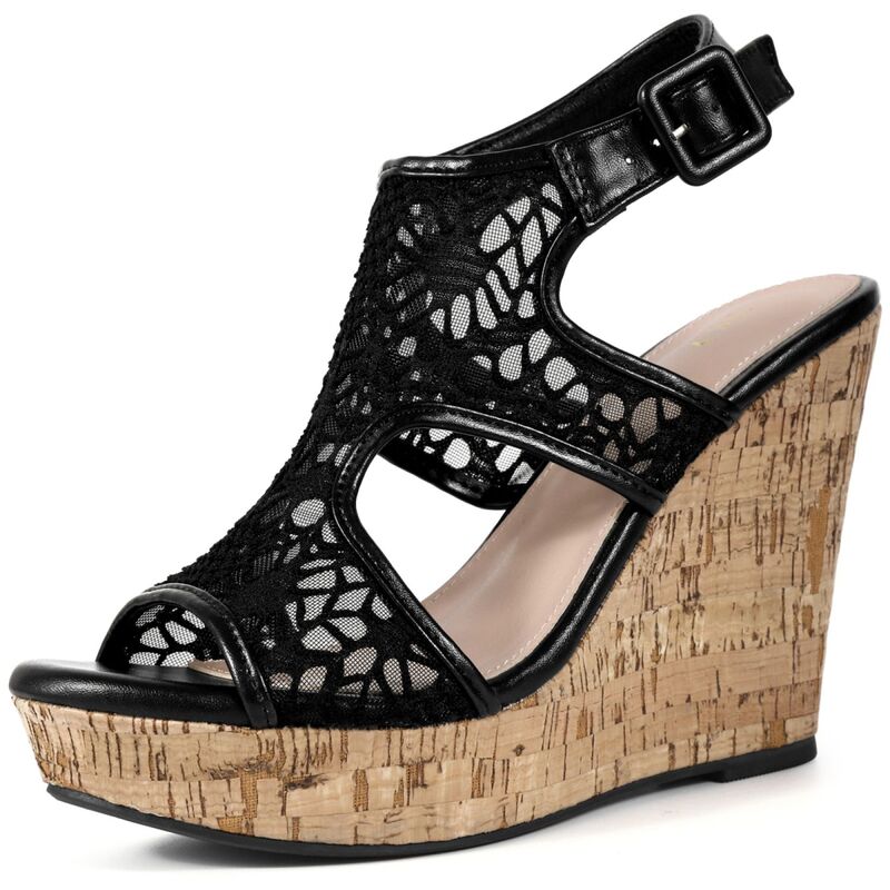 ブリスフルステップ レディース シューズ サンダル アンクル スピード競技 踵 BLISSFUL STEP Open Toe Wedges Heels lace Ankle Strap Sandals for Women Black 黒いこと