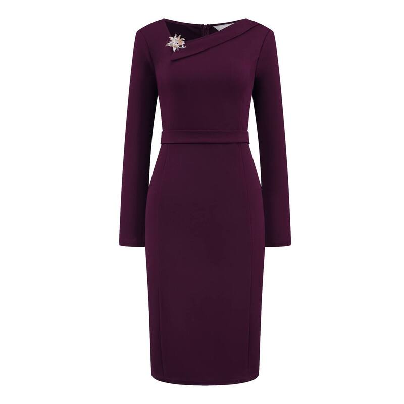 ホンベティ レディース トップス ワンピース アシンメトリー Hombety Women's Elegant Sheath Dress Asymmetrical Neckline Wear to Work Pencil Dresses Dark Purple パープル|ReVida 店