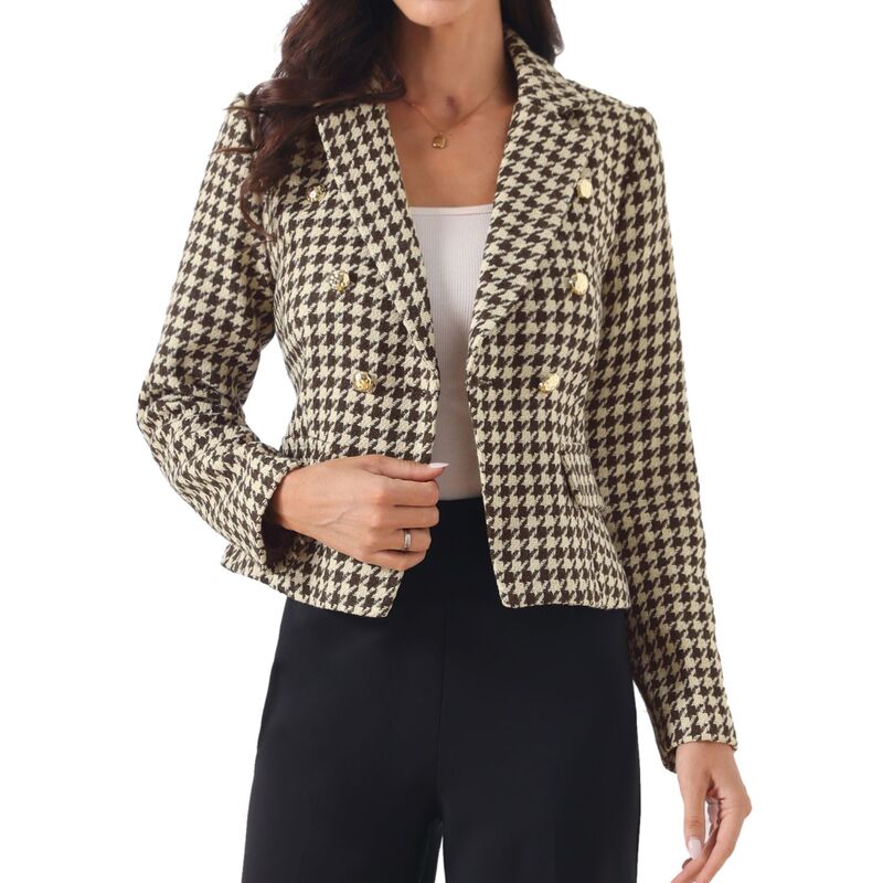 インスパイア 今めかしい レディース アウター 上衣・上衣 スポーツジャケット INSPIRE CHIC Notch Lapel for Women Houndstooth Buttons Long Sleeves Casual Blazer Brown 赤銅色