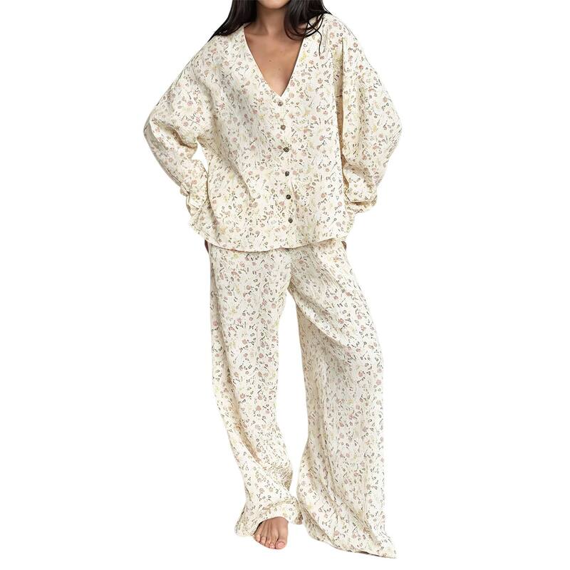 【貨物輸送無料】 アンナカシ レディース ナイト爵お召しもの アンダーお召しもの Women\u0027s Floral Print Woven Pajama Set with V-Neck Button Down Top and Wide Leg Elastic Waist Pants Light Beige