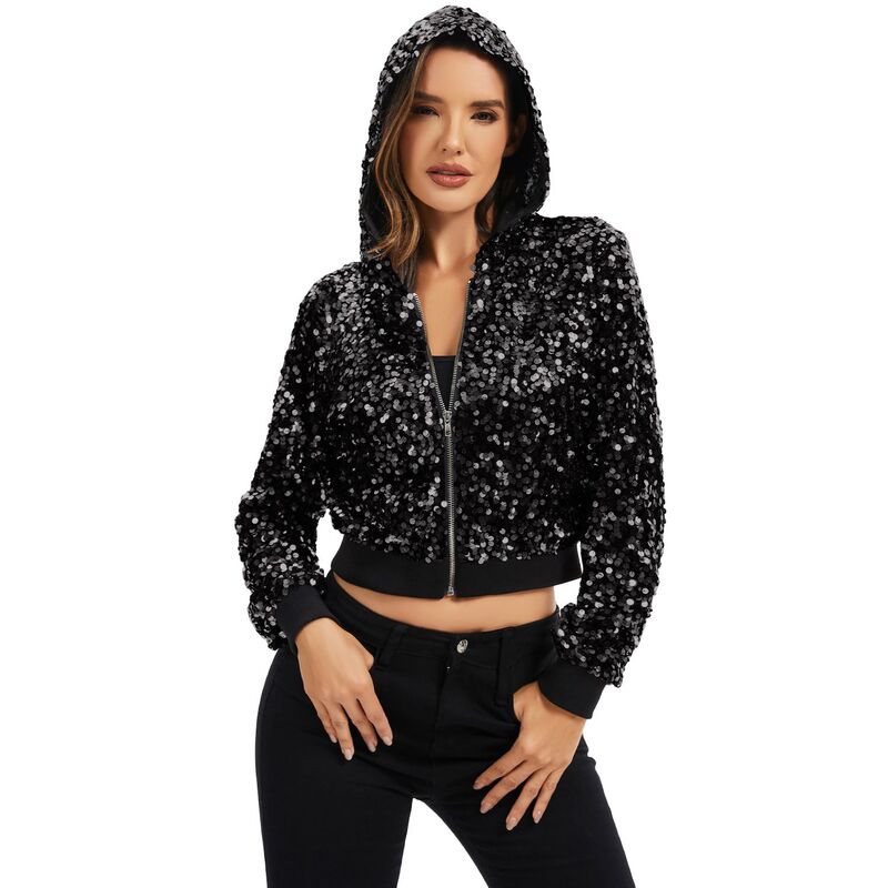 アンナカシ レディース アウター 上衣・上衣 フーデッドジャケット 肋材 スパンコール Anna-Kaci Women\u0027sequin Zip-Up Hooded Jacket with Ribbed Hem and Long Sleeves for Party Wear Black 黒いこと