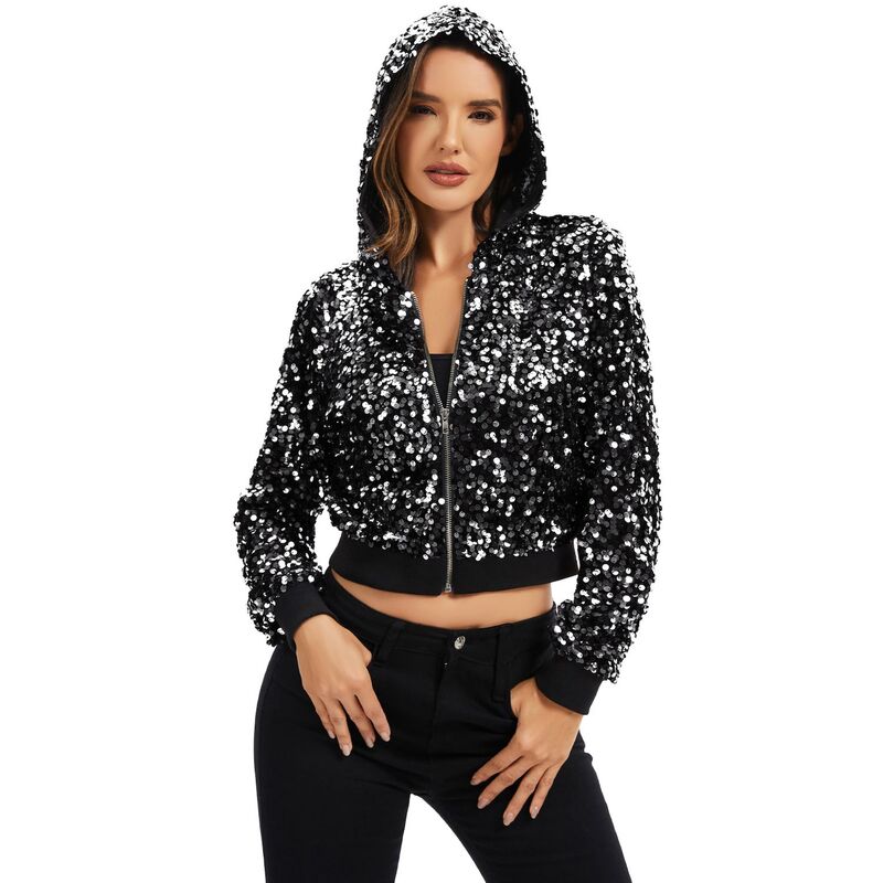 アンナカシ レディース アウター 上衣・上衣 フーデッドジャケット 肋材 スパンコール Anna-Kaci Women\u0027sequin Zip-Up Hooded Jacket with Ribbed Hem and Long Sleeves for Party Wear Black And Silver 黒いこと