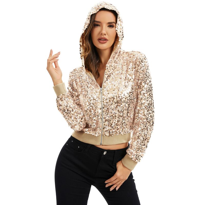 アンナカシ レディース アウター 上衣・上衣 フーデッドジャケット 肋材 スパンコール Anna-Kaci Women\u0027sequin Zip-Up Hooded Jacket with Ribbed Hem and Long Sleeves for Party Wear Champagne 三鞭酒