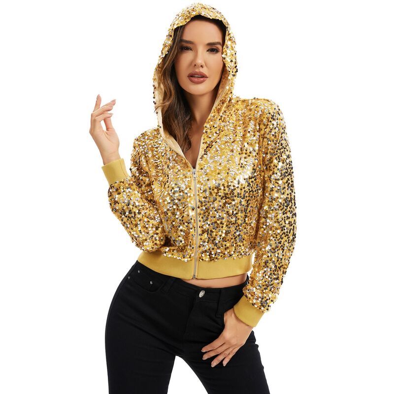 アンナカシ レディース アウター 上衣・上衣 フーデッドジャケット 肋材 スパンコール Anna-Kaci Women\u0027sequin Zip-Up Hooded Jacket with Ribbed Hem and Long Sleeves for Party Wear Gold ゴールド